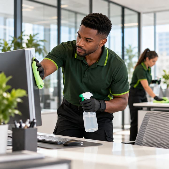 Professional cleaning team working in a modern commercial office