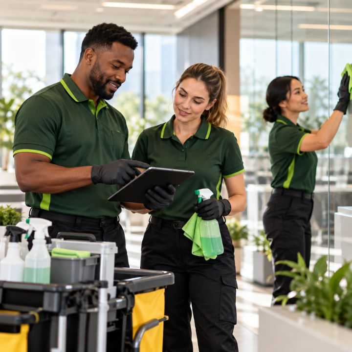 Cleaning professional carefully maintaining a commercial office