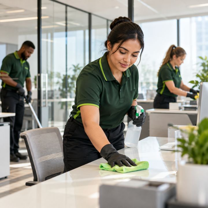 Professional facility services team cleaning a commercial office